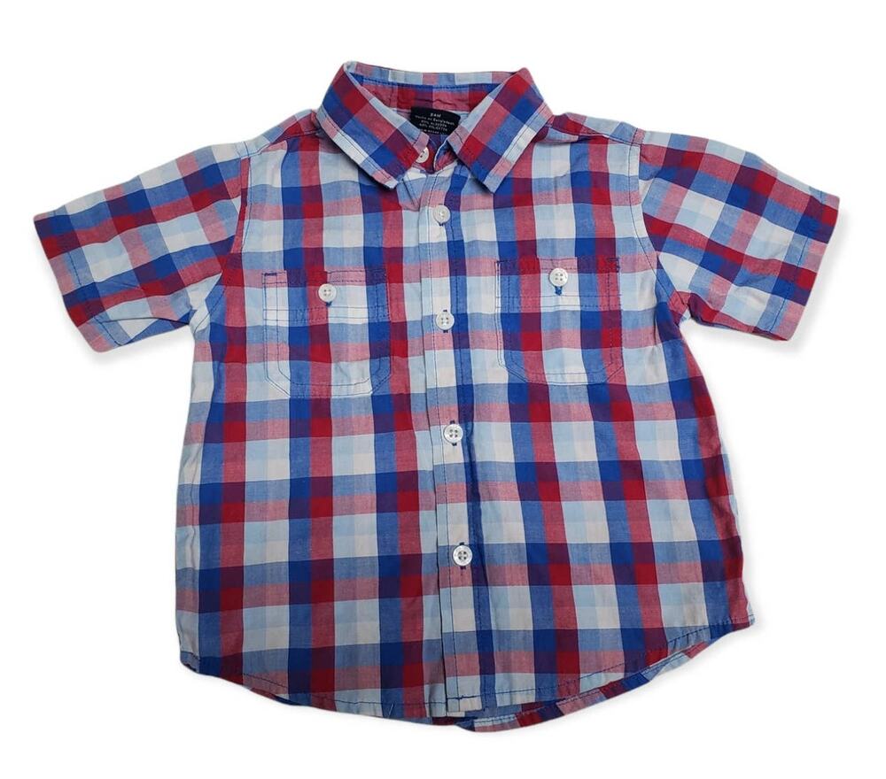 Faded Glory Red White and Blue Plaid Button Up Collared Short Sleeved Shirt